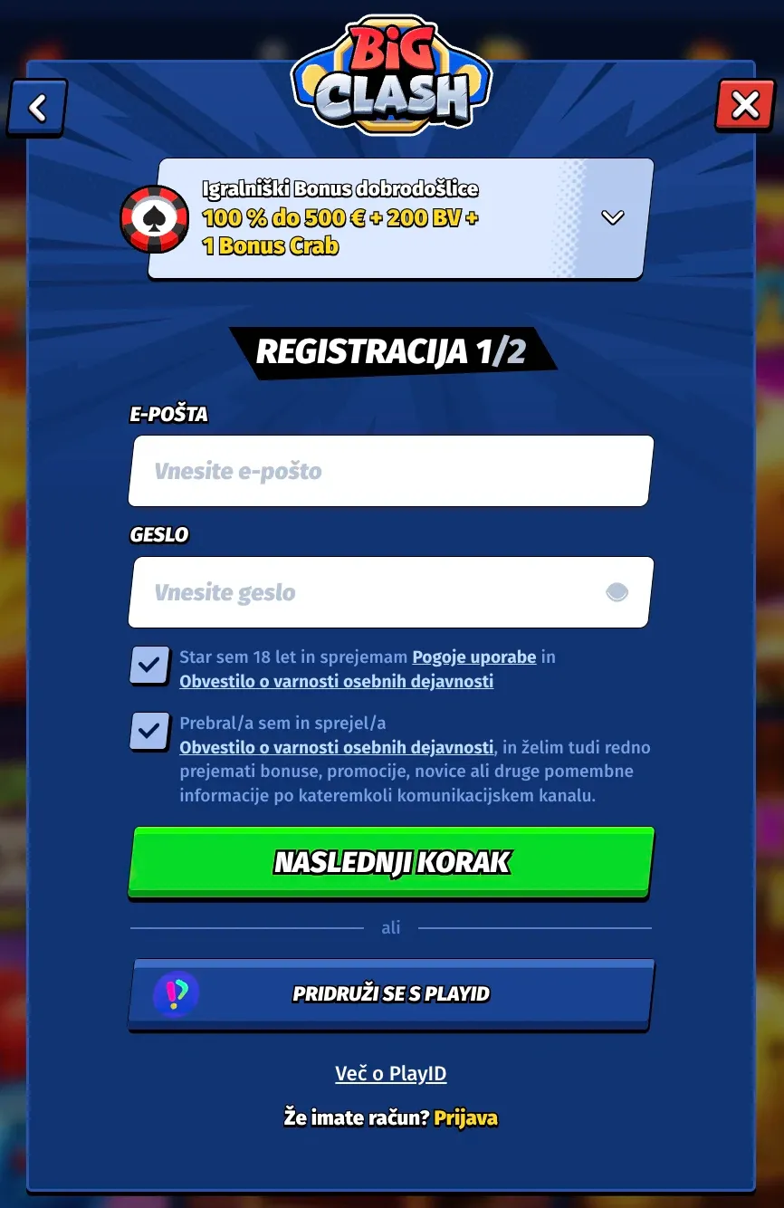 Registracijski obrazec v Bigclash casino
